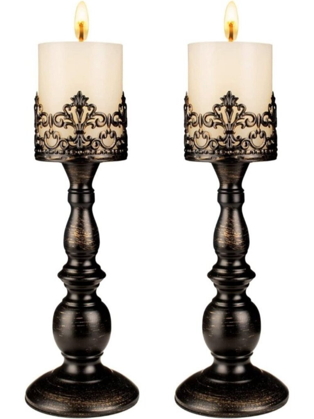 Set of 2 Decorative Large Table Centerpieces Candle Stand Decor Black Distressed